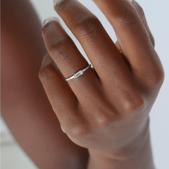 Minimalist Emerald Cut Gem Rectangle Sterling Silver Stacking Ring - Picture 2 of 15